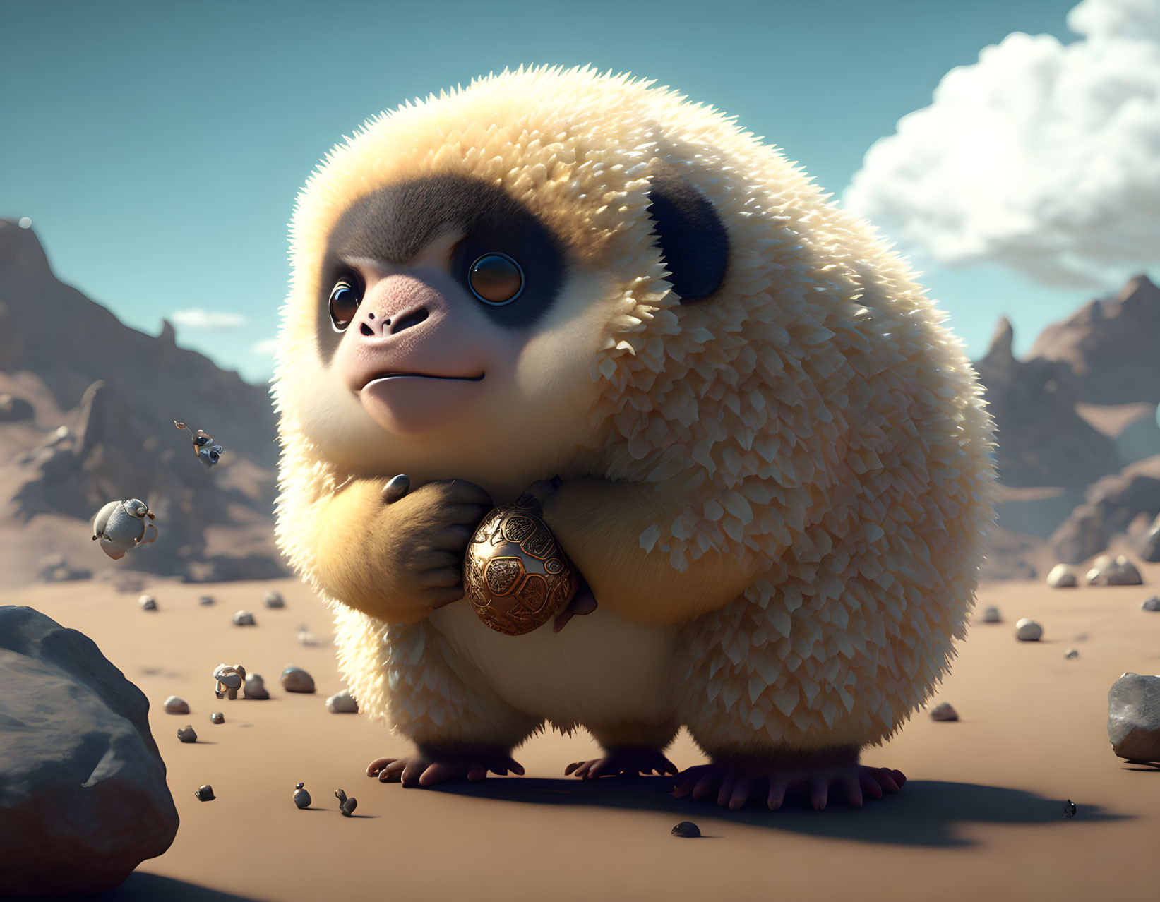 Fluffy hedgehog-like creature with monkey face in desert with tiny robots