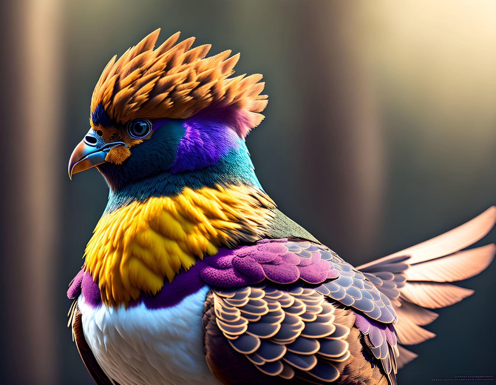 Colorful Digital Artwork of Bird with Brown Crest, Purple Neck, and Yellow Chest