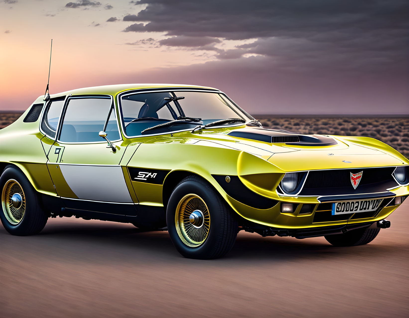 Vintage Yellow and Black Sports Car with Distinctive Design and White-Walled Tires in Dus