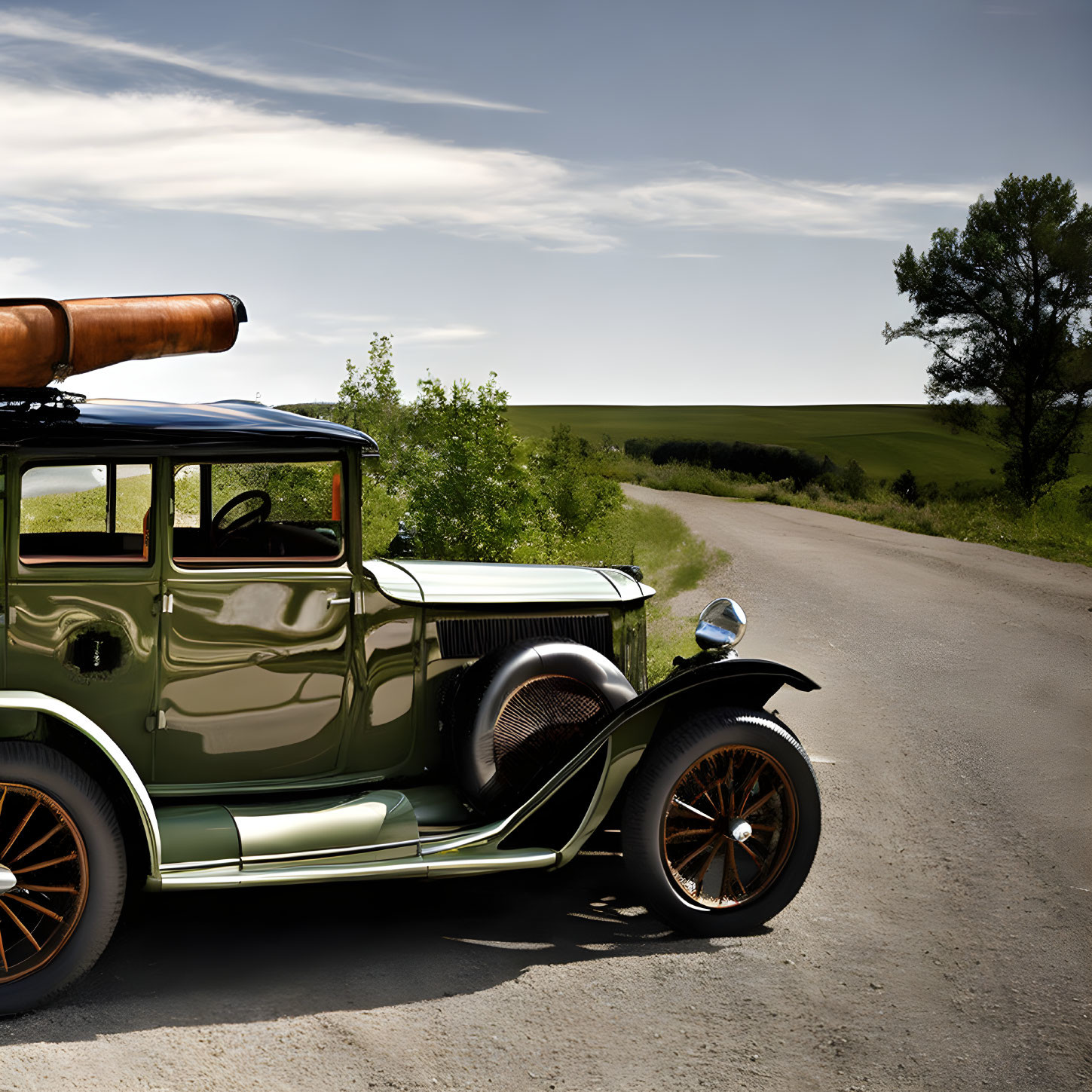 Classic Car Parked on Roadside with Green Hills and Clear Skies