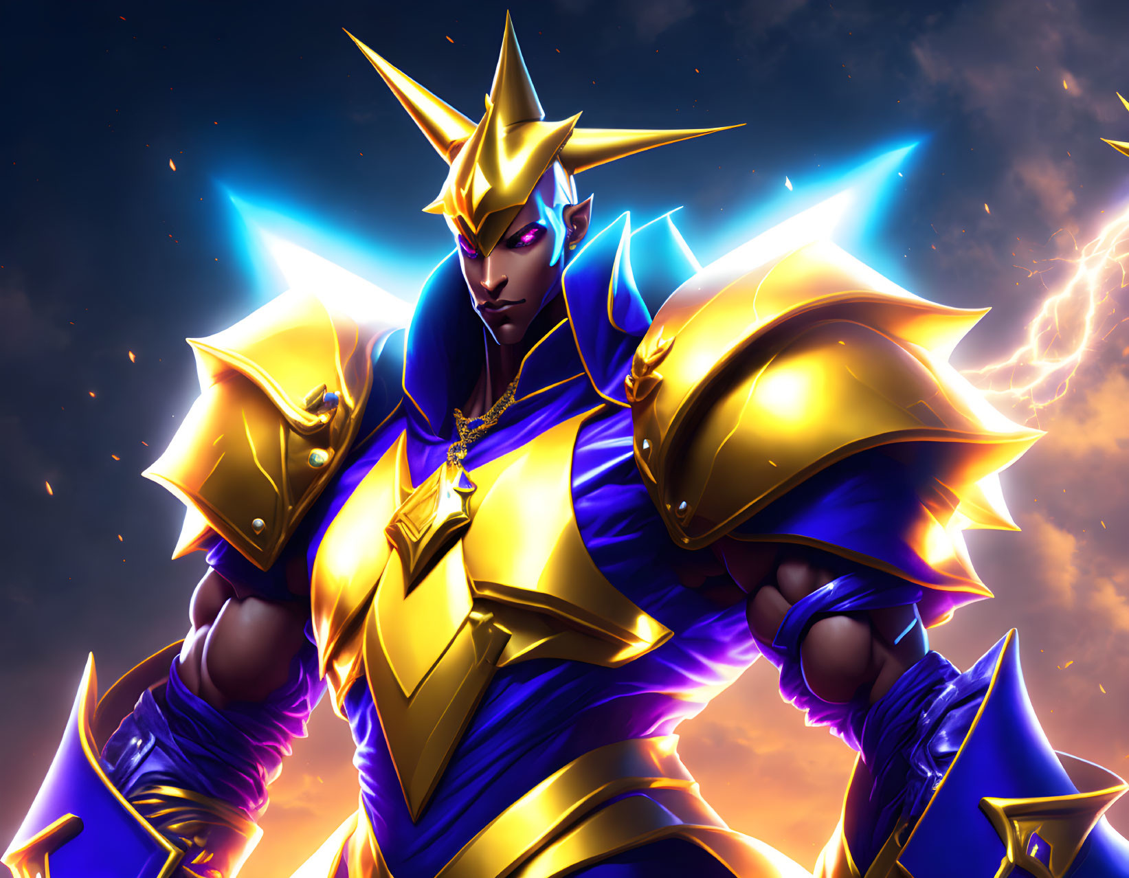 Golden armored warrior in animated scene with glowing details under dramatic sky.