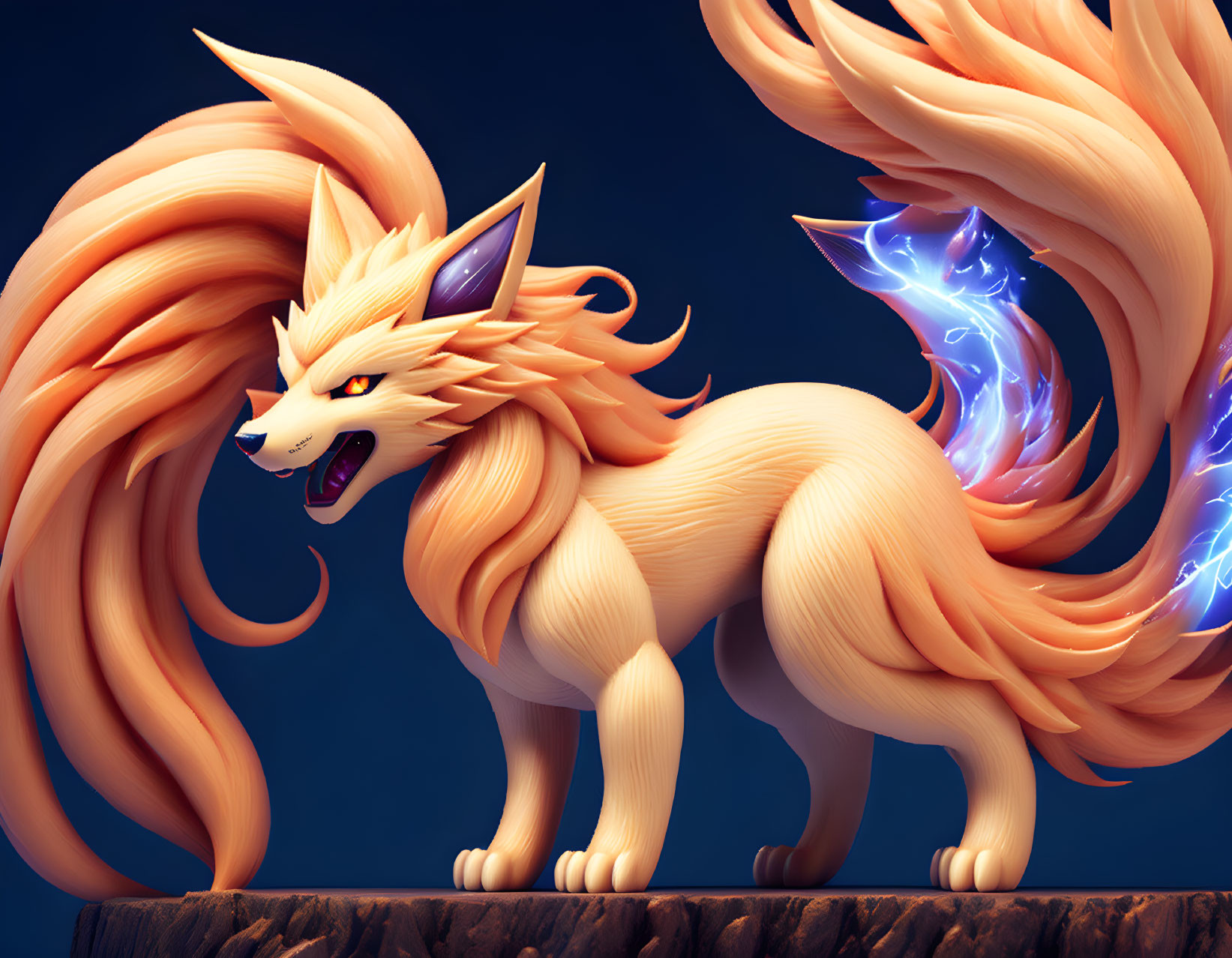 Animated orange nine-tailed fox with fiery fur and blue electric energy on rocky surface