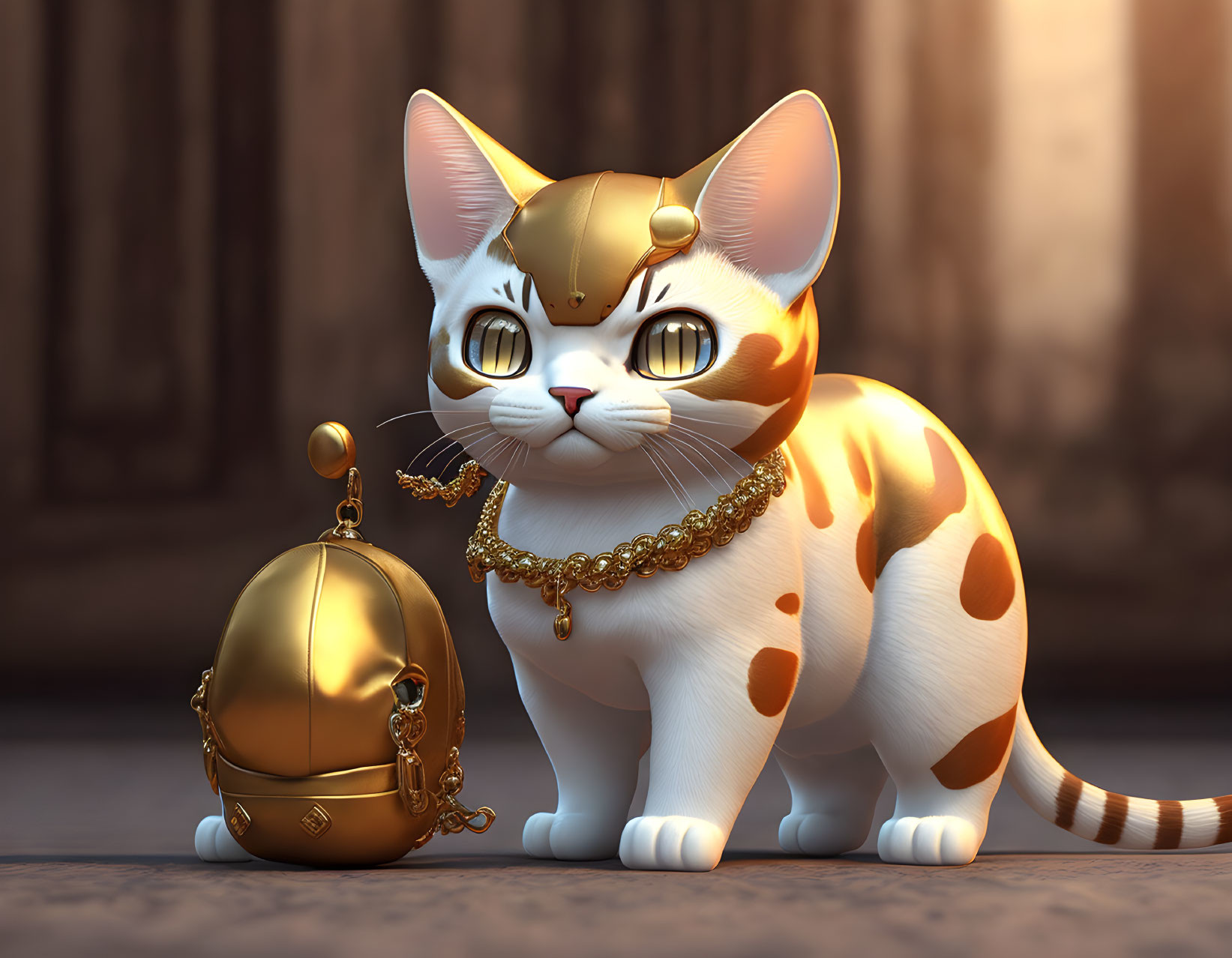 3D illustration of orange and white cat with golden accessories