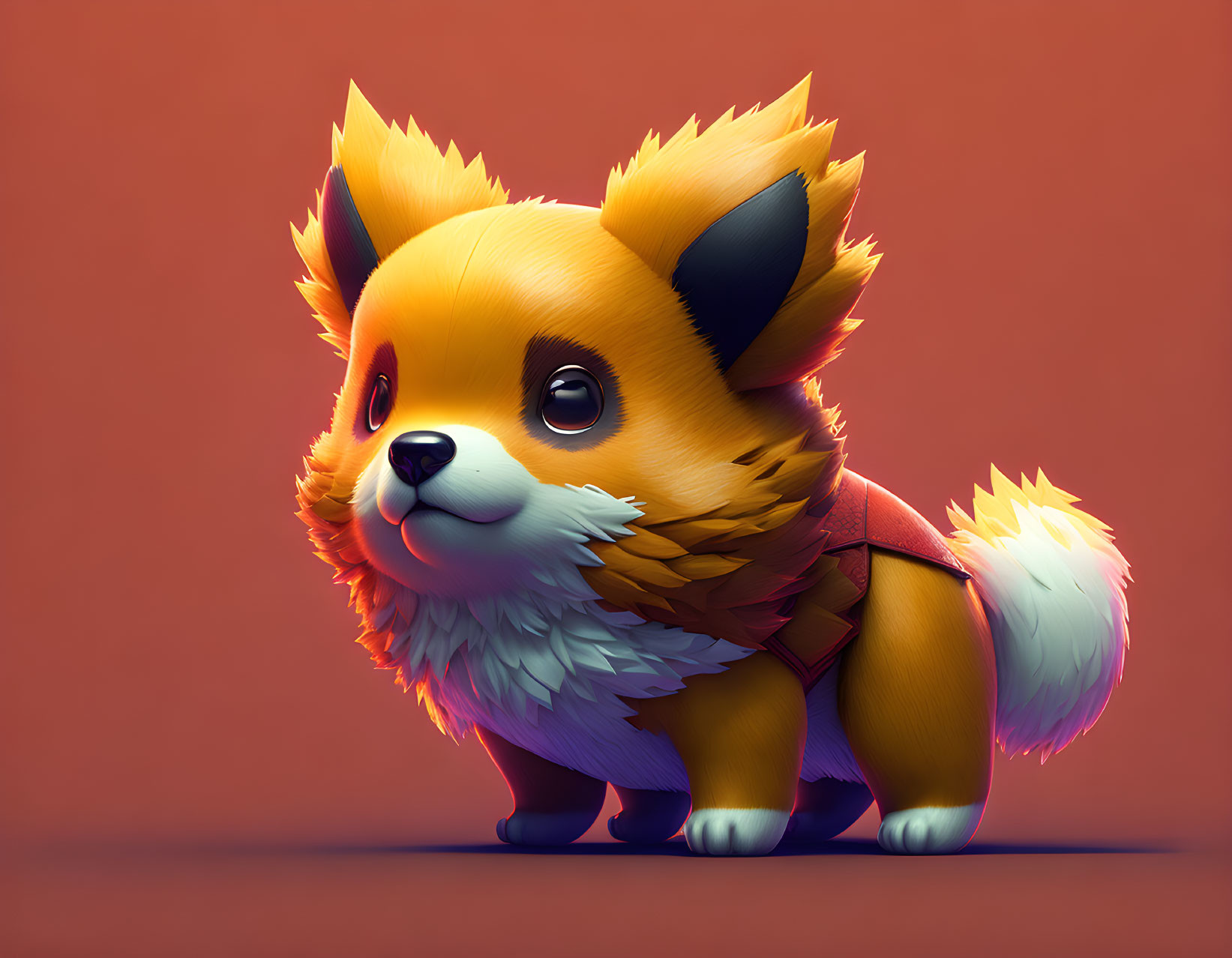 Fluffy fox-like dog illustration on coral background