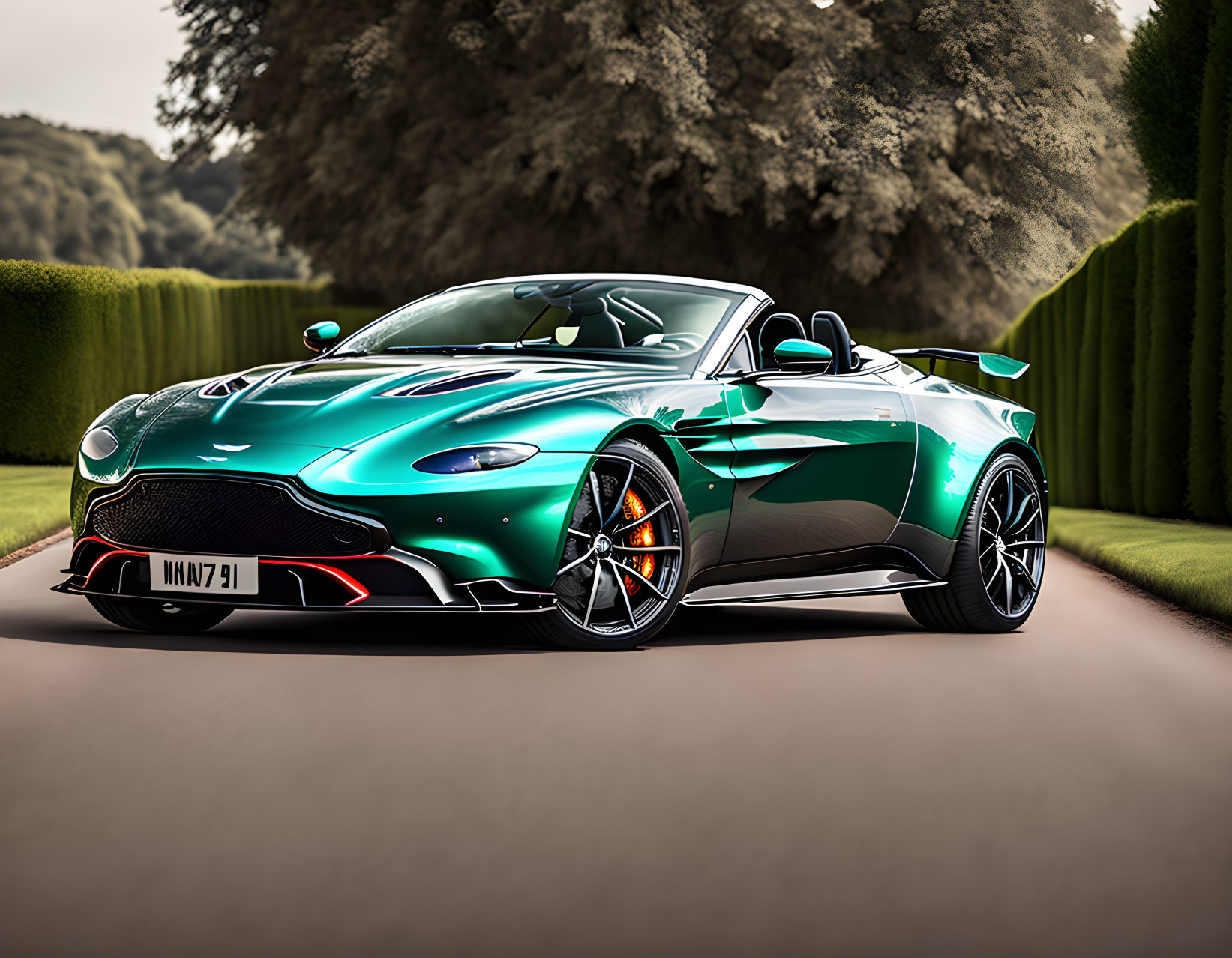 Green Aston Martin Convertible with Black Accents on Tree-Lined Driveway