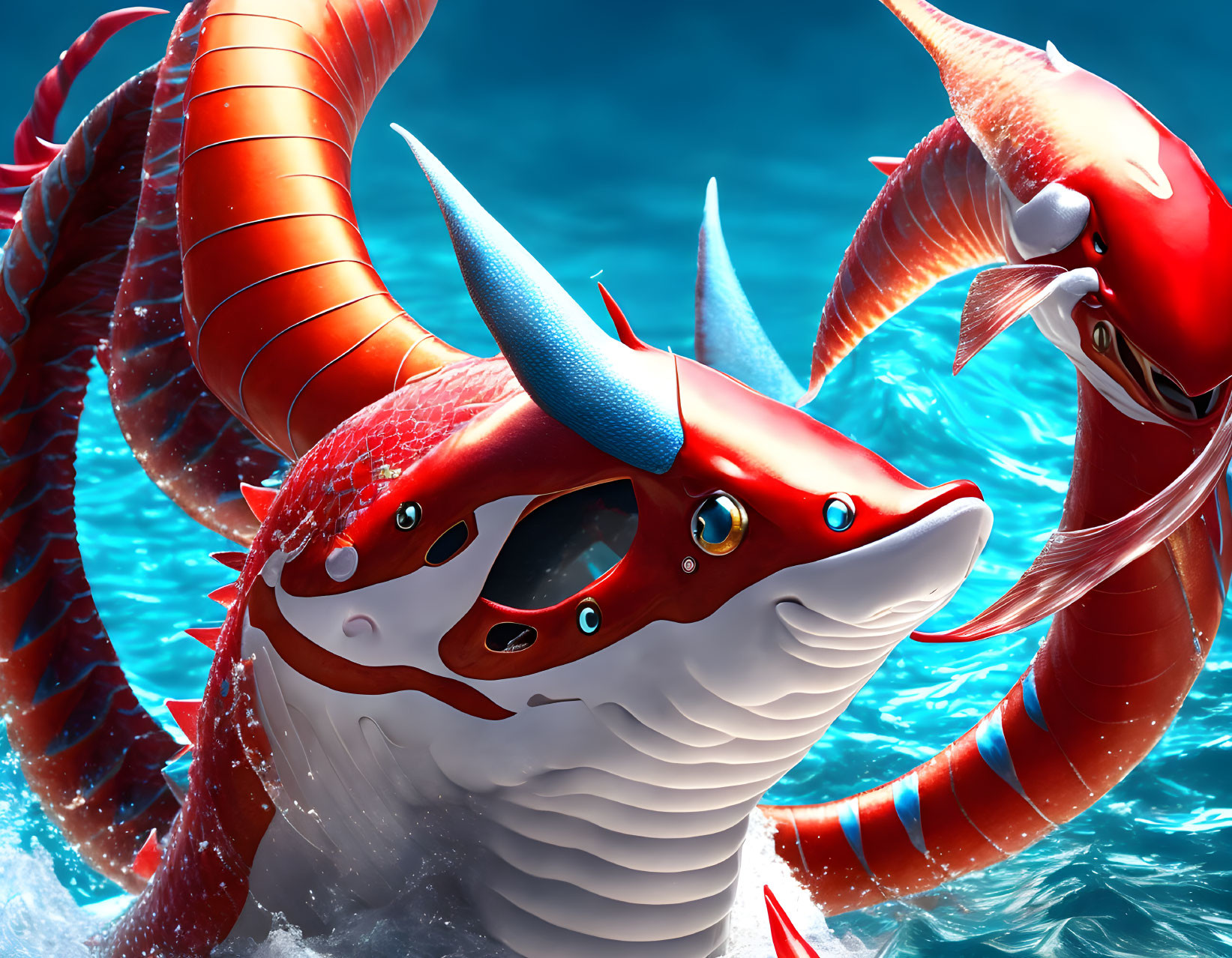 Stylized red and white koi fish with ornate fins in blue water