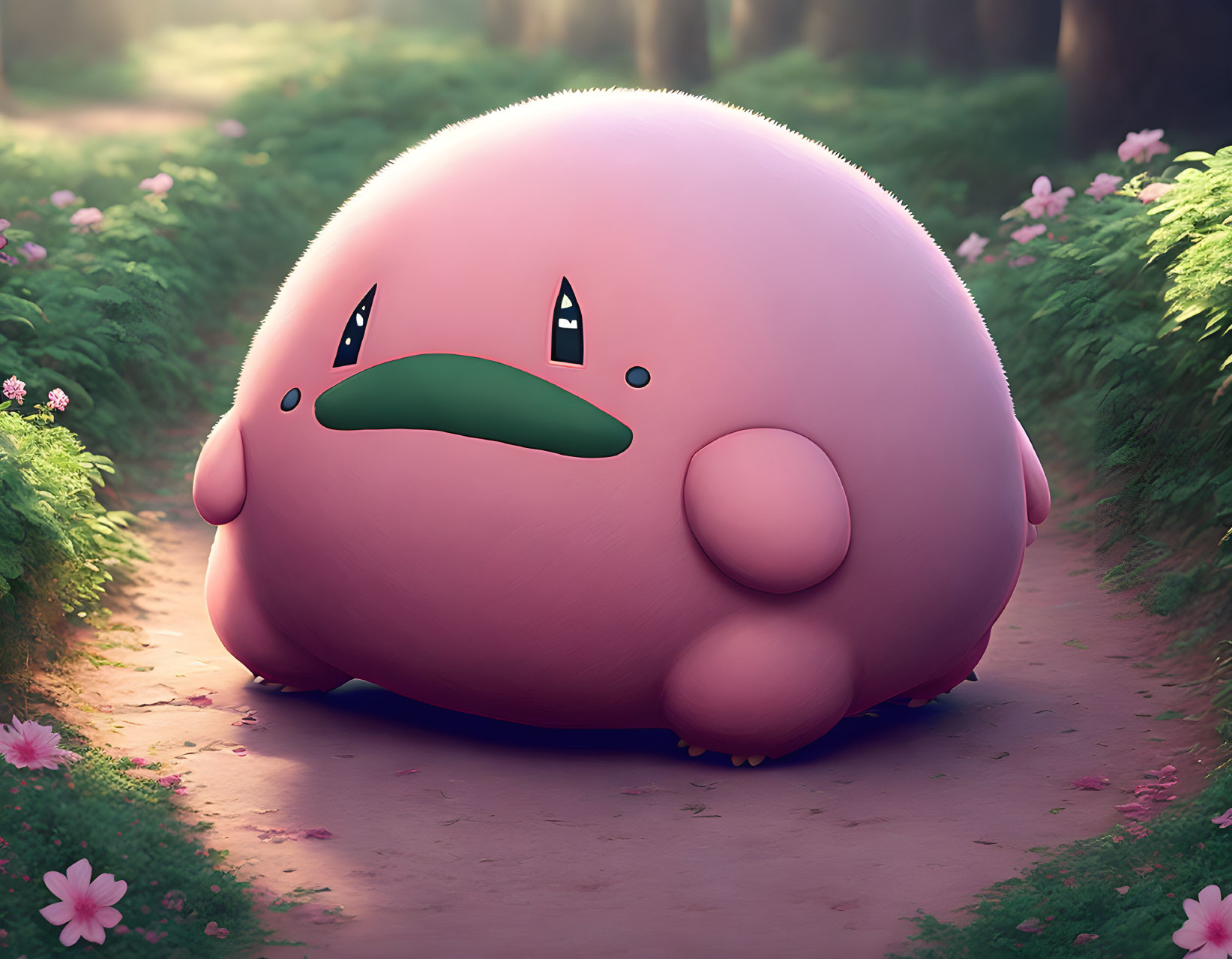 Pink Plump Animated Character in Forest Setting