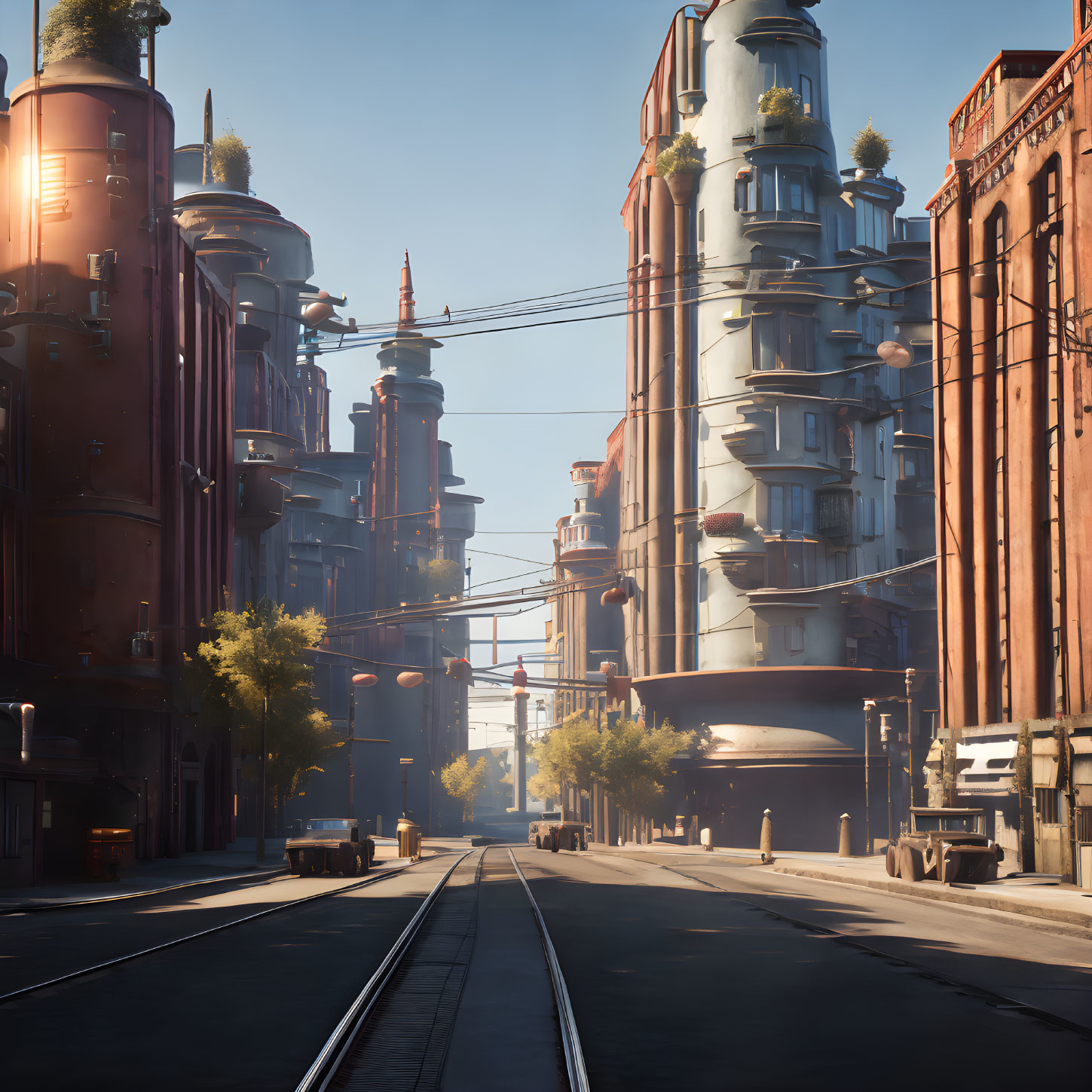 City street with tram lines, futuristic high-rise buildings, greenery, and blue sky