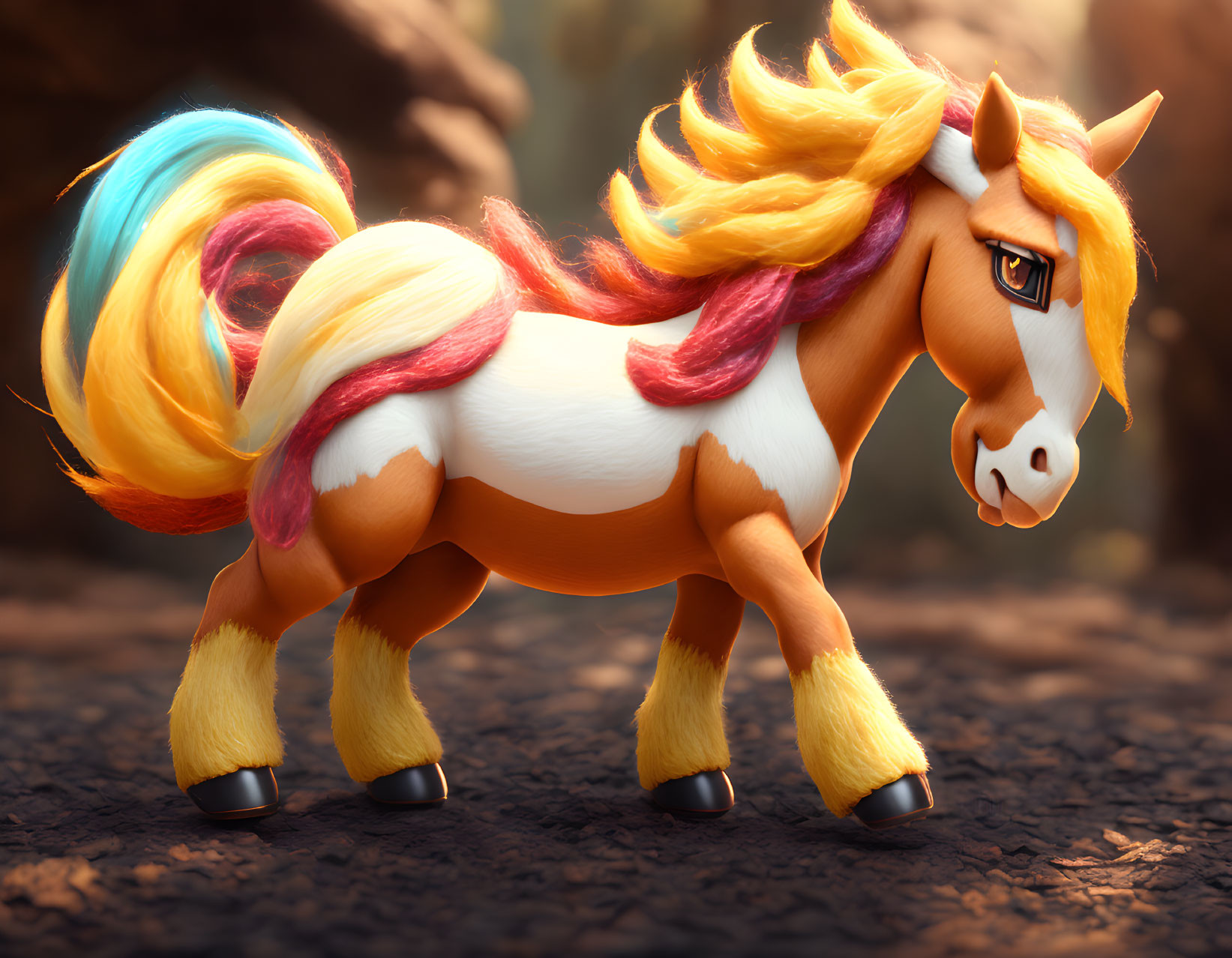 Colorful Animated Horse with Rainbow Mane in Rocky Setting