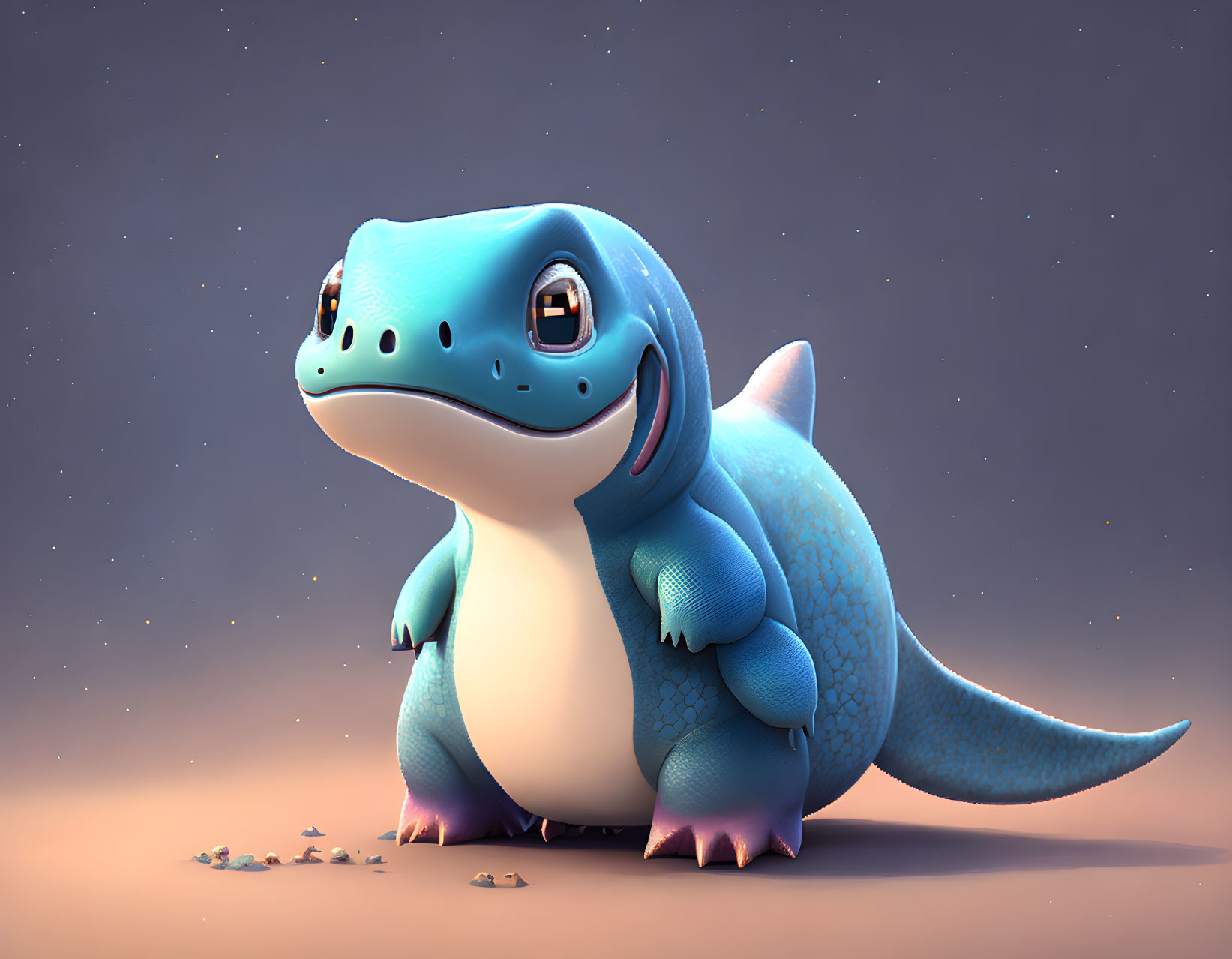 Chubby Blue Cartoon Dinosaur Smiling on Dusty Surface