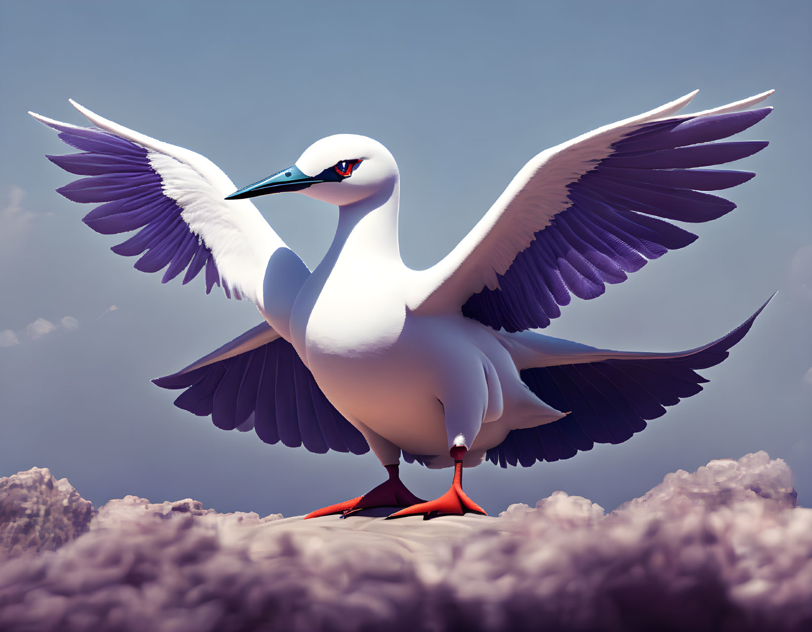 Majestic white bird with purple-tipped wings on fluffy clouds