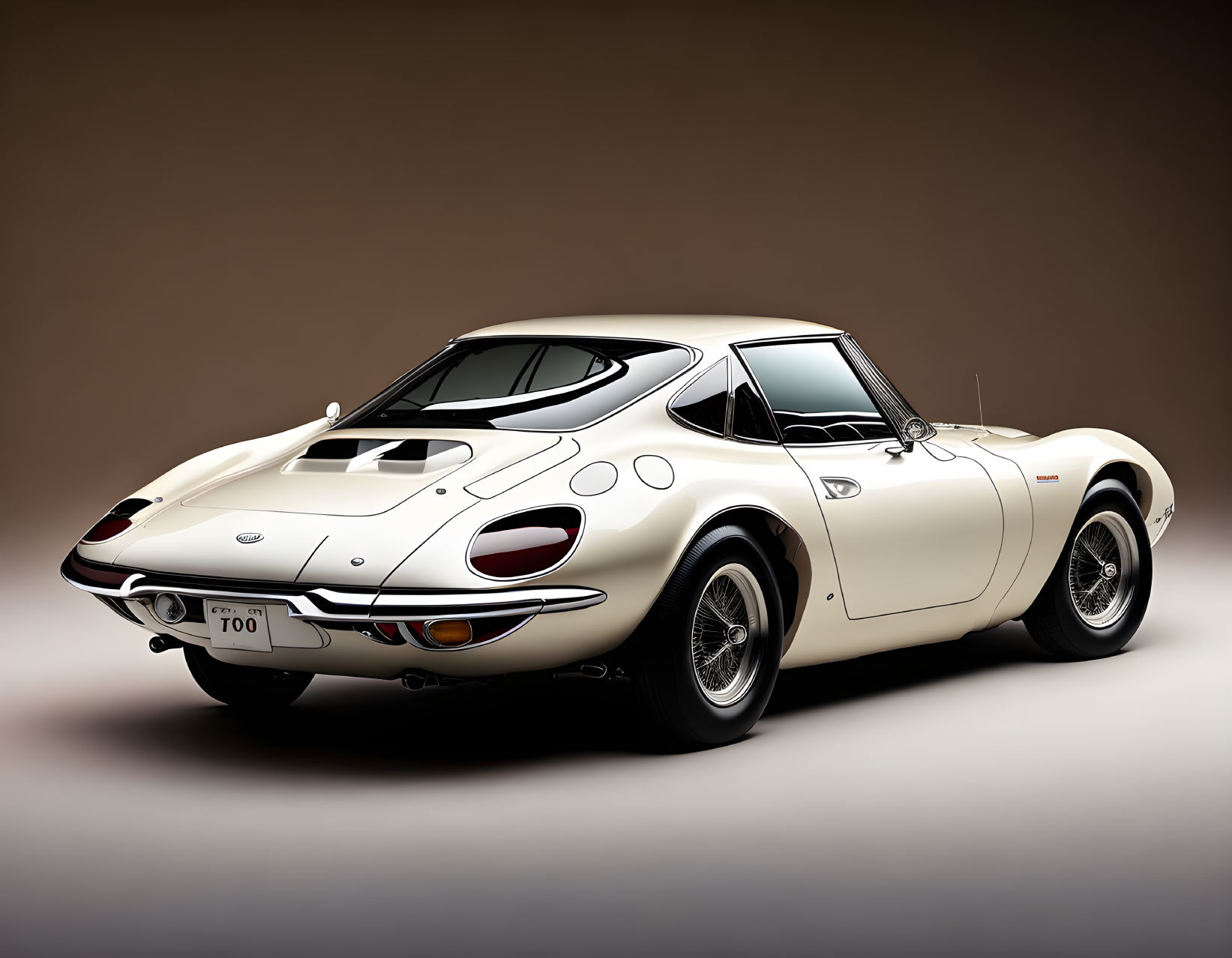 Vintage white sports car with round headlights, chrome bumpers, and side exhausts on beige background