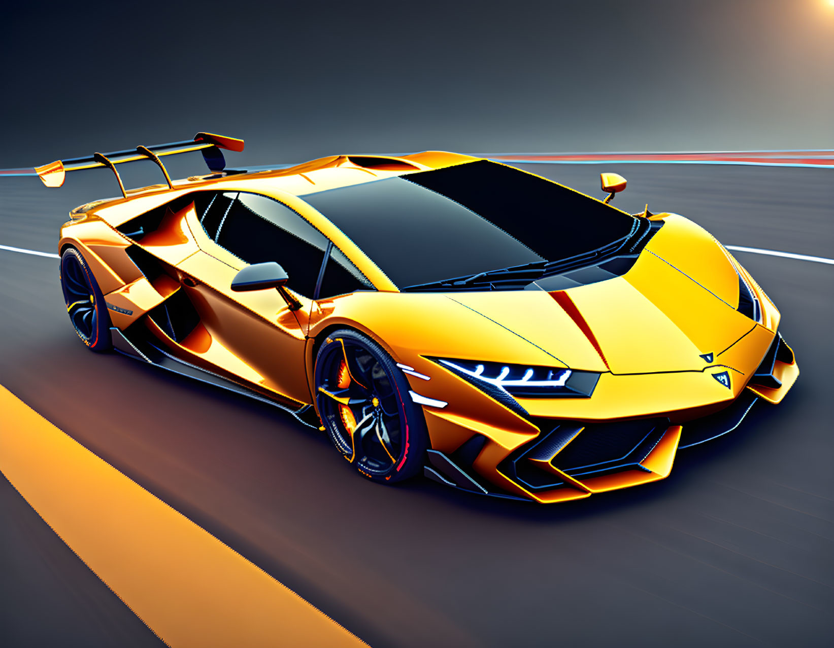 Yellow Lamborghini with Black Accents and Aggressive Aerodynamic Design on Blurred Racetrack