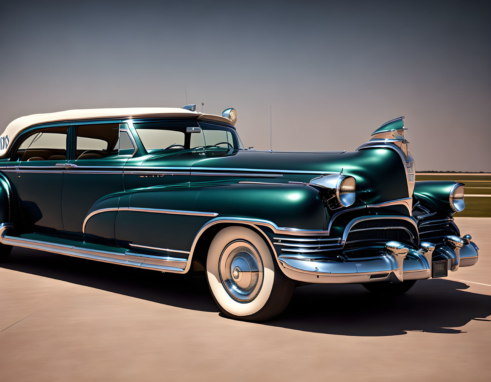 Vintage teal car with white sidewall tires and chrome details under clear sky.