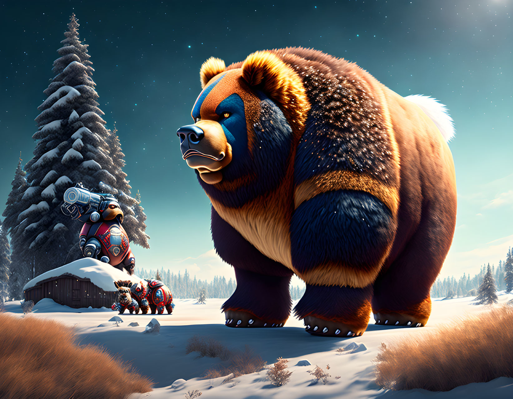 Stylized bear digital art in snowy landscape with mechanical creatures