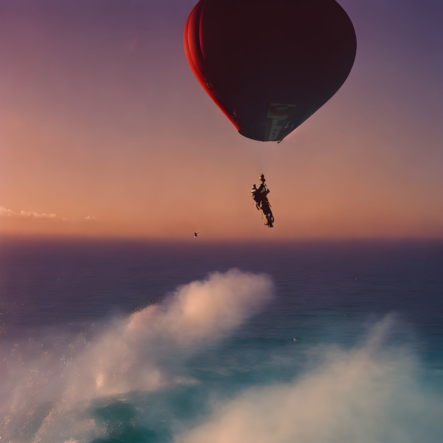 Sunset hot air balloon over ocean with parachuting person, crashing waves, and bird flying.