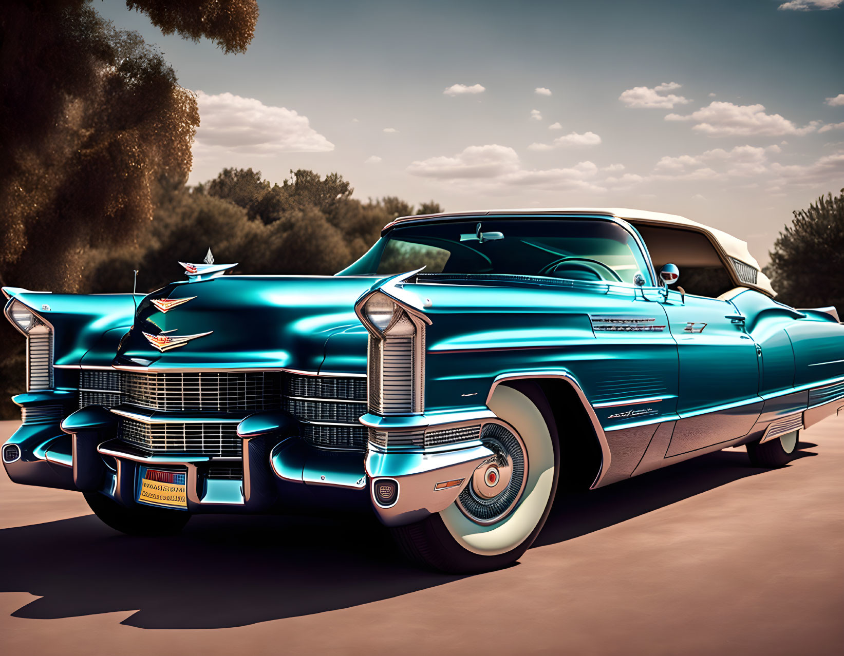 Vintage Turquoise Cadillac With Tailfins and Chrome Details Parked Under Clear Sky