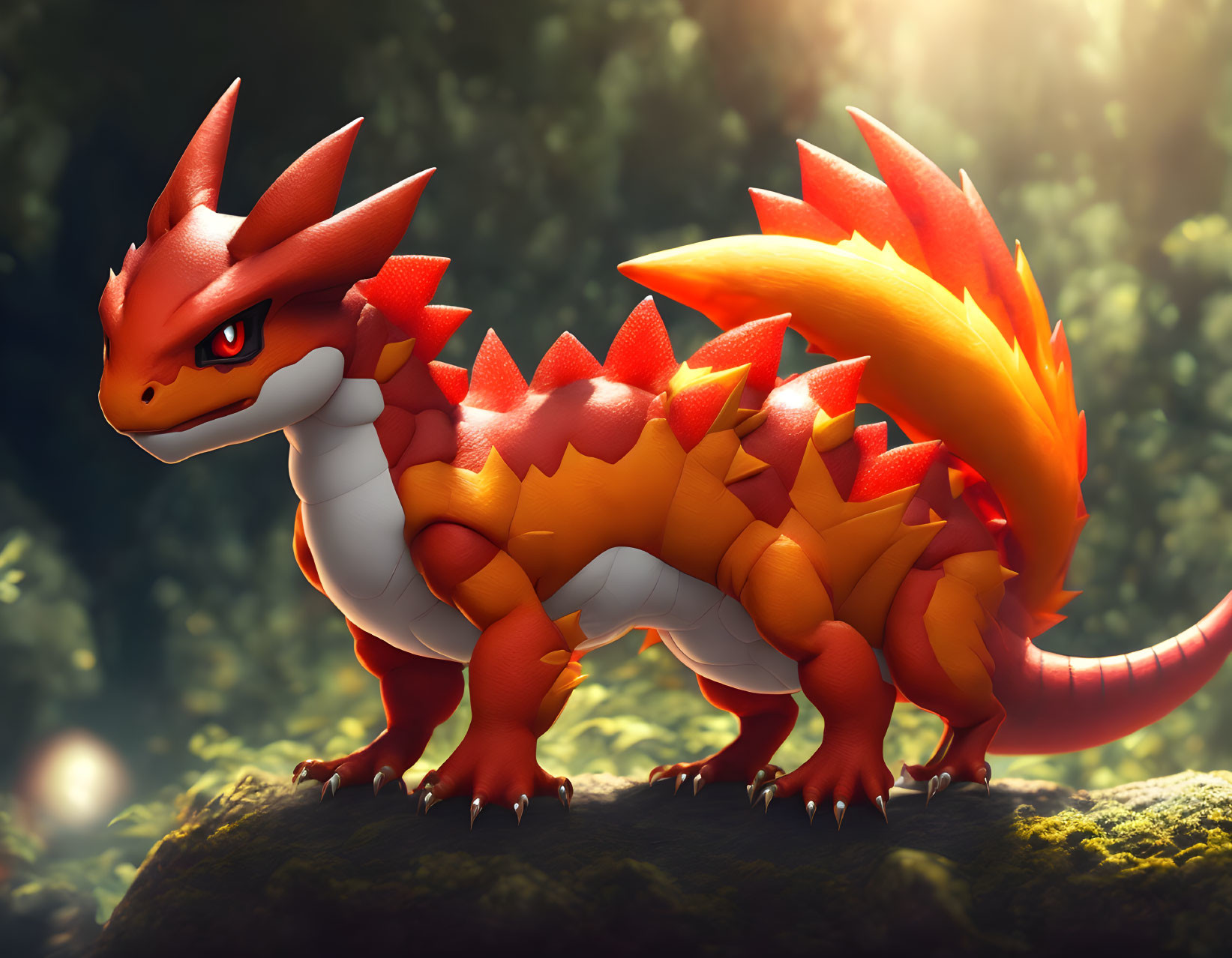 Red and Orange Spiked Dragon Standing on Rock in Soft Warm Light