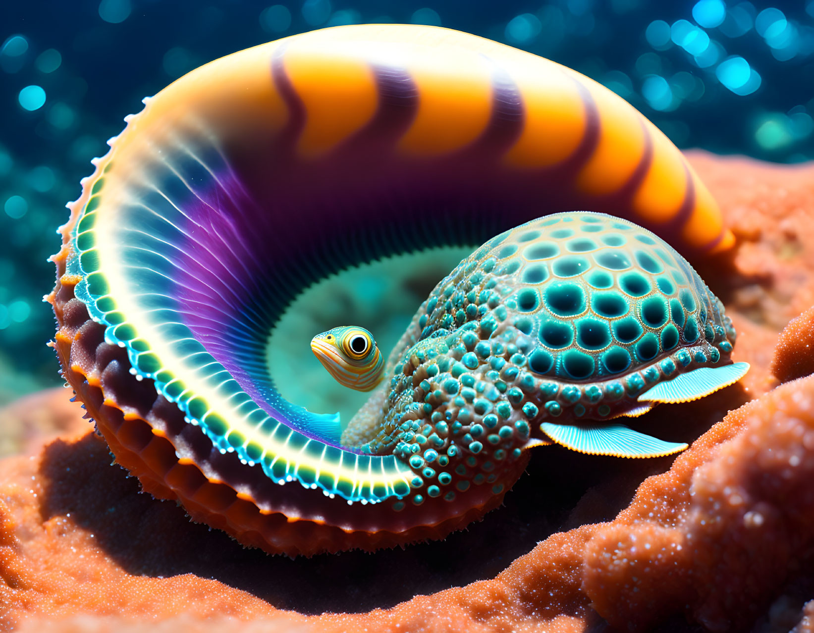 Vibrant surreal sea creature on coral reef with patterned shell