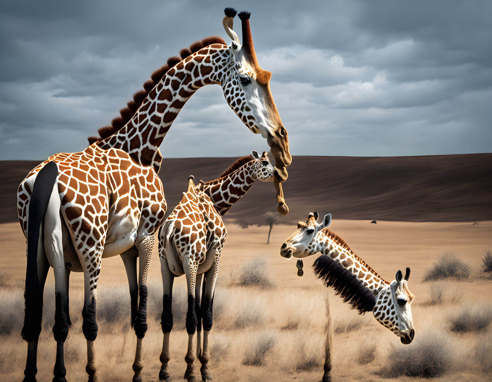 Three Giraffes in Desert Under Dark Clouds