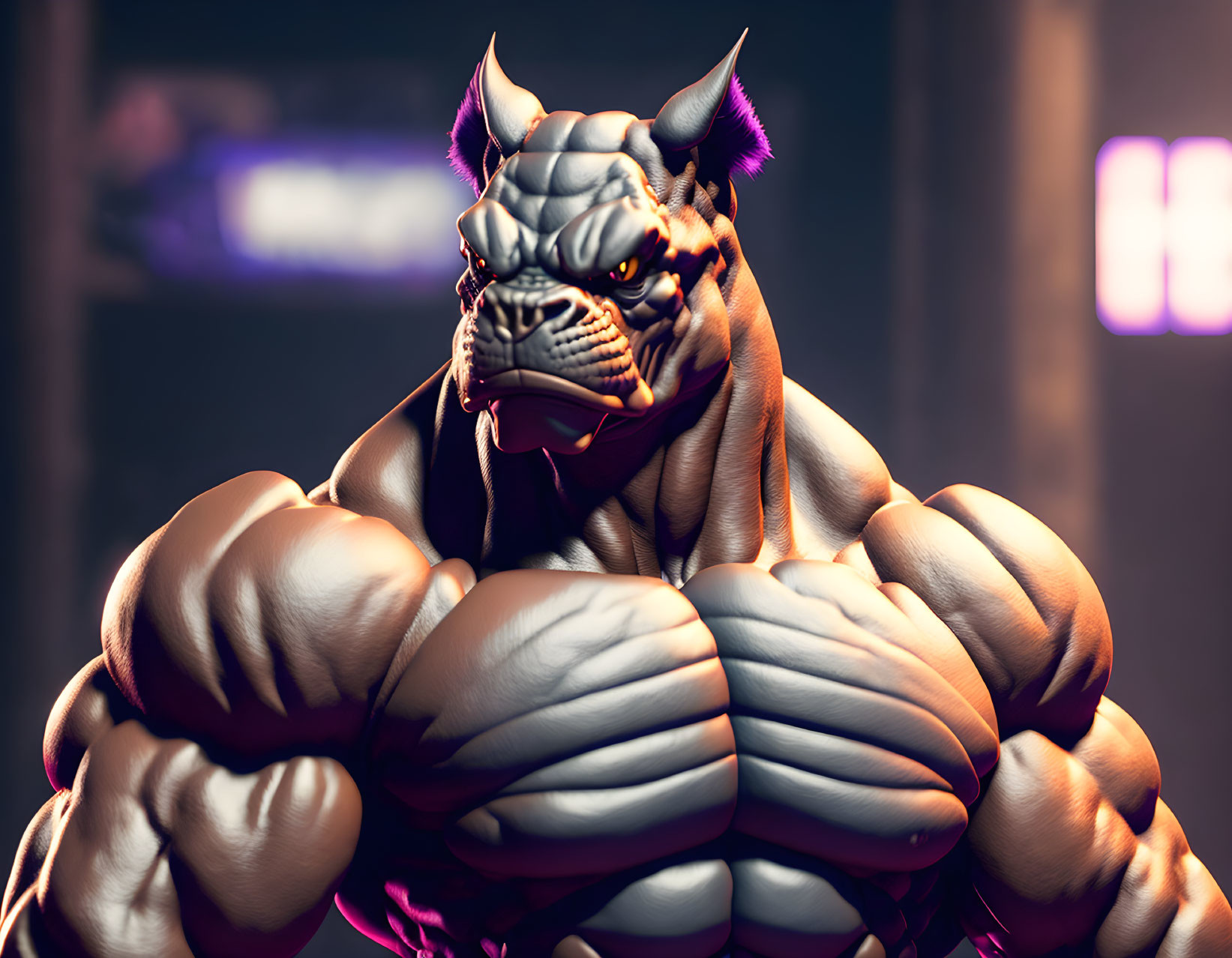 Muscular animated character with feline face, horns, and purple accents in intimidating pose with neon lights