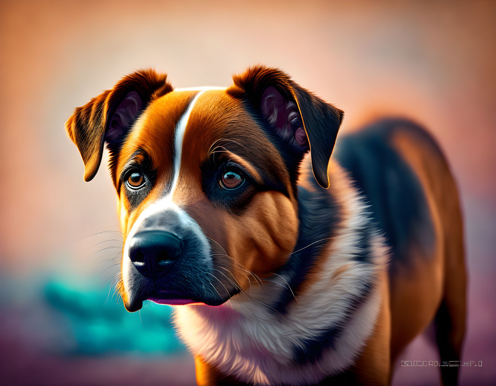 Brown and Black Dog Digital Artwork with Bright Eyes and Head Tilt