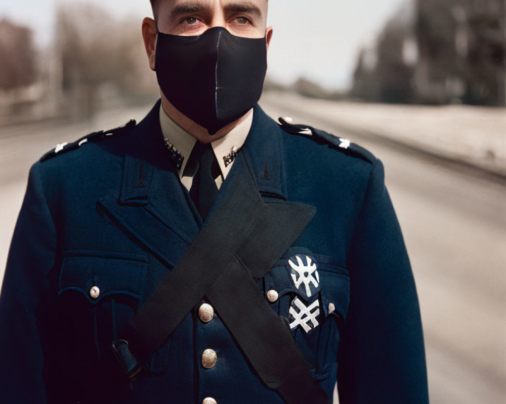 Decorated Military Uniform with Medals and Black Mask Standing on Empty Road