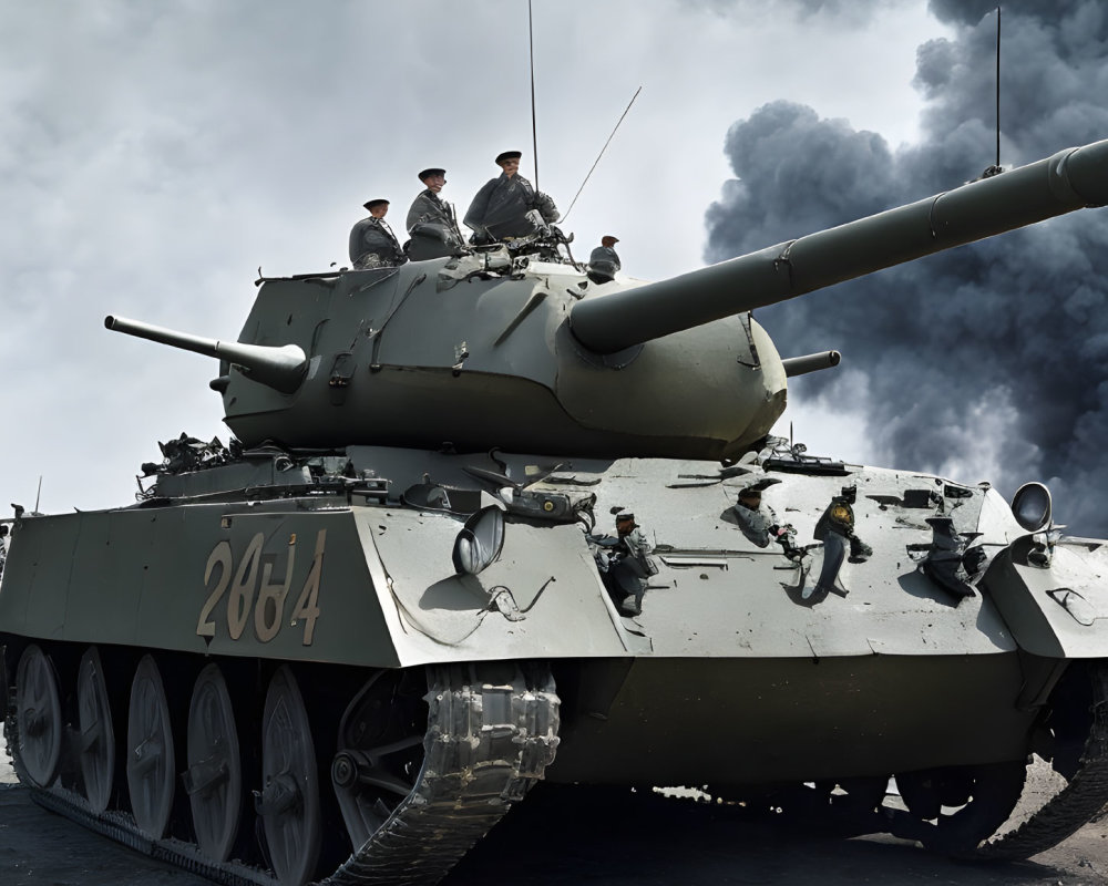 Modern Main Battle Tank with Three Crew Members and Smoke Plumes