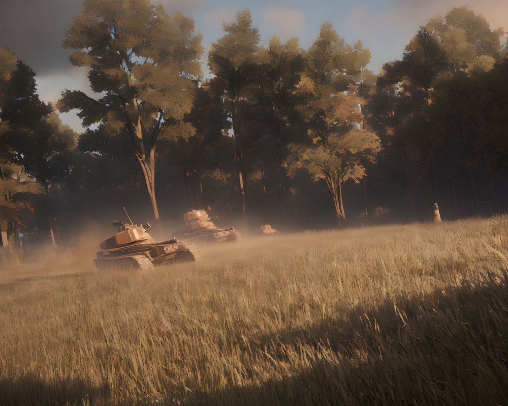 Military tanks in misty forest clearing at sunrise