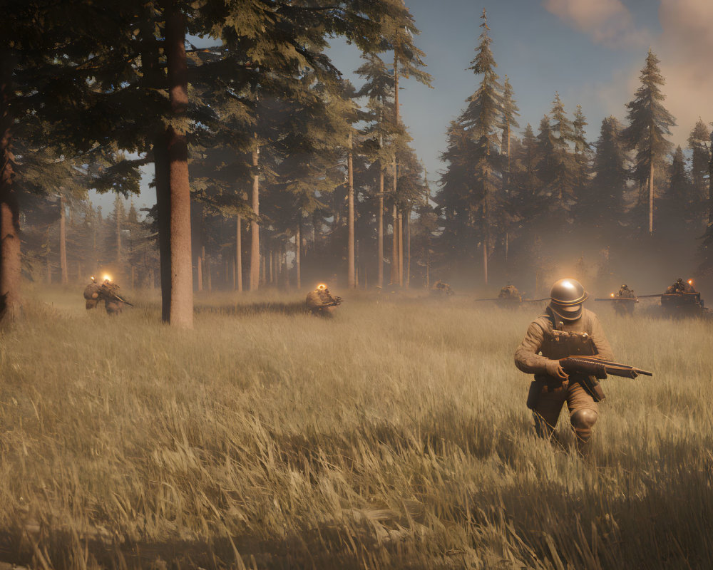 Military soldiers in forest clearing, one crouching with rifle