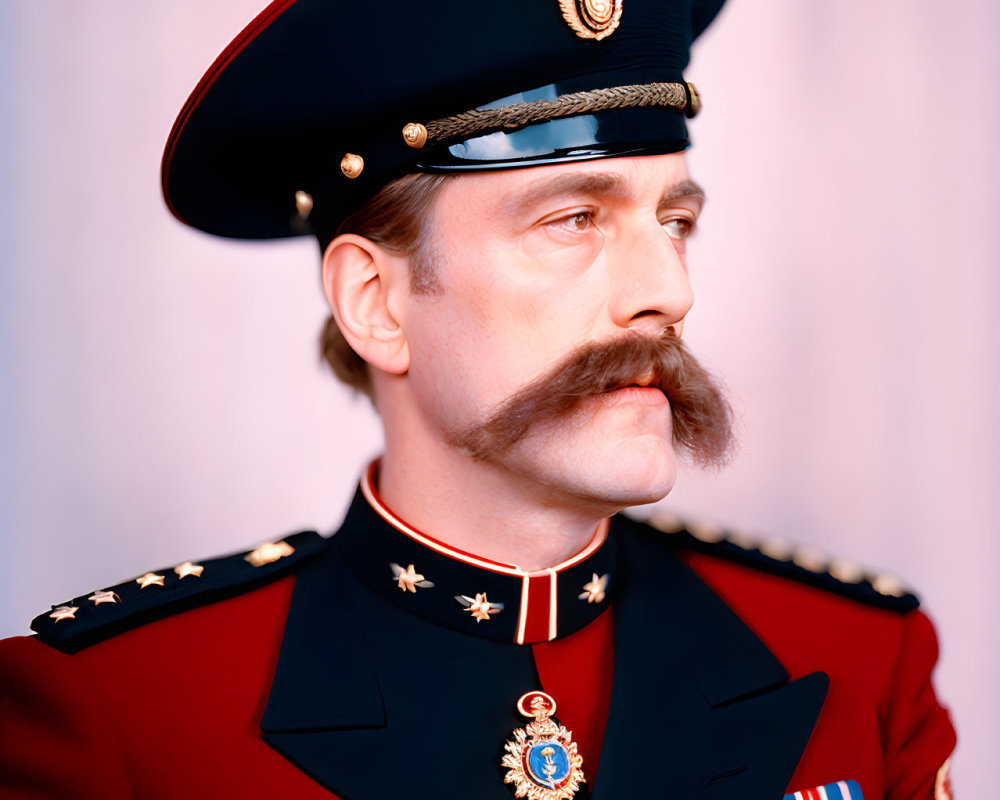 Ceremonial military uniform with medals and peaked cap portrait