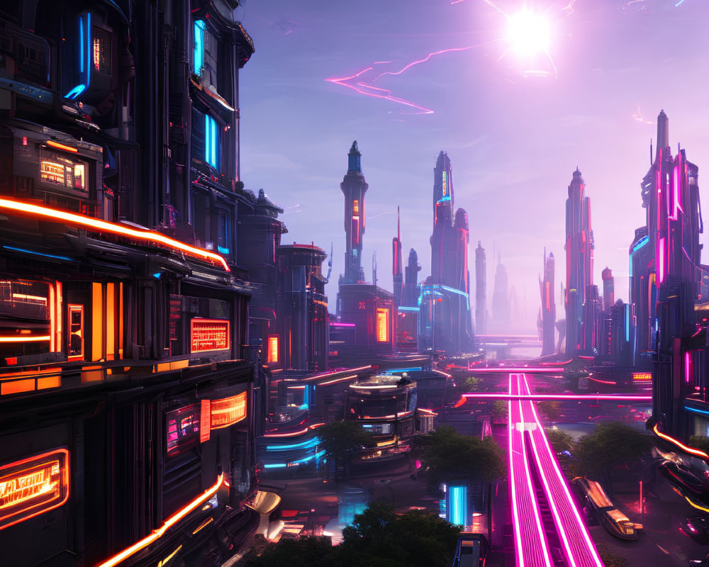 Futuristic cityscape with neon lights and skyscrapers at dusk