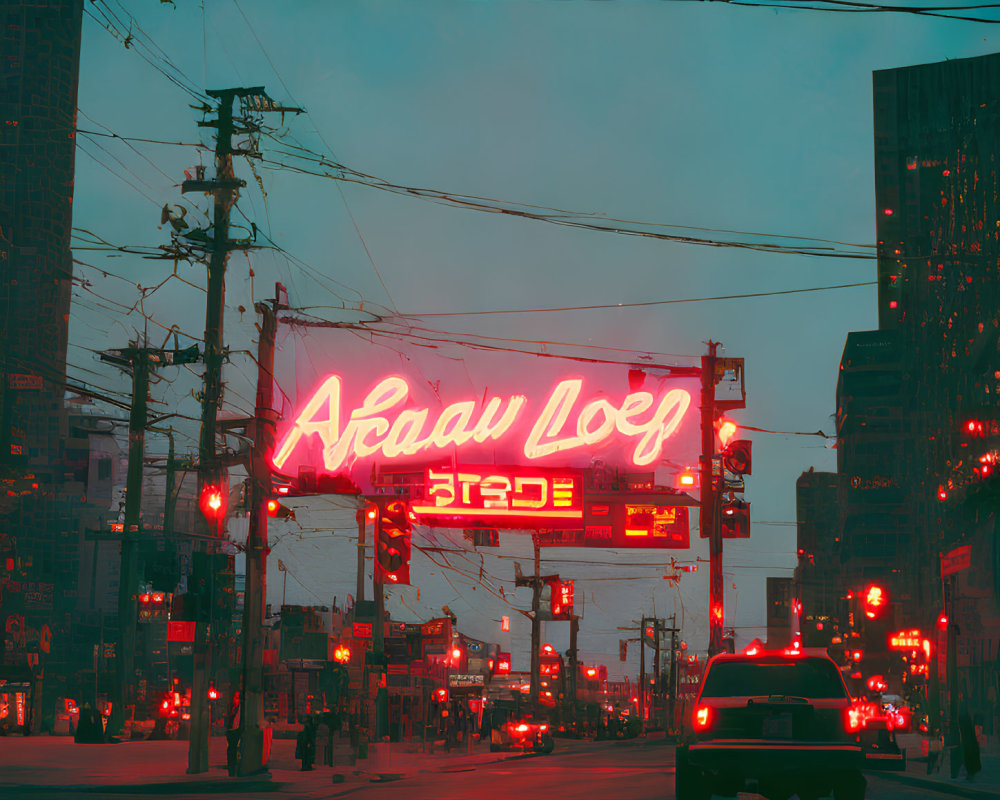 Urban Twilight City Scene with Neon Sign, Cars, and Dusky Sky