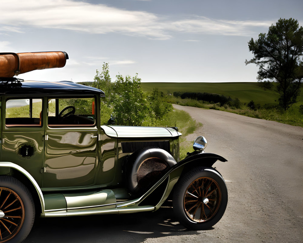 Classic Car Parked on Roadside with Green Hills and Clear Skies