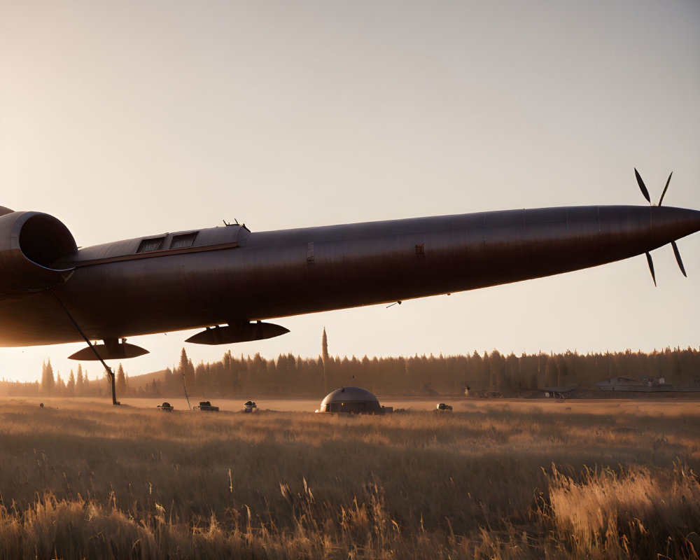 Propeller aircraft parked in field at sunset with trees and vehicles.