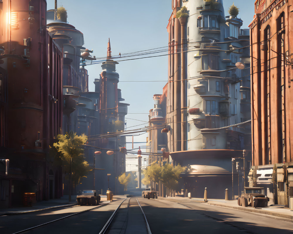 City street with tram lines, futuristic high-rise buildings, greenery, and blue sky