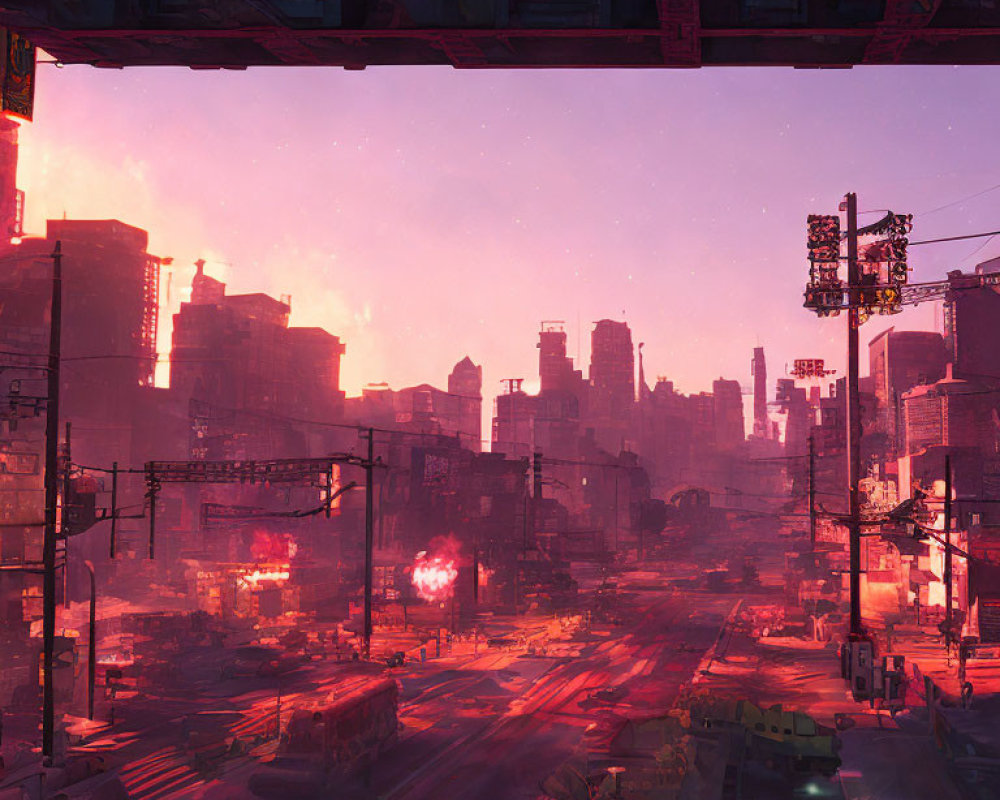 Dystopian cityscape with towering buildings and neon signs at sunset