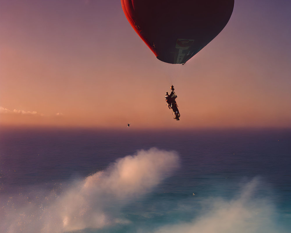 Sunset hot air balloon over ocean with parachuting person, crashing waves, and bird flying.