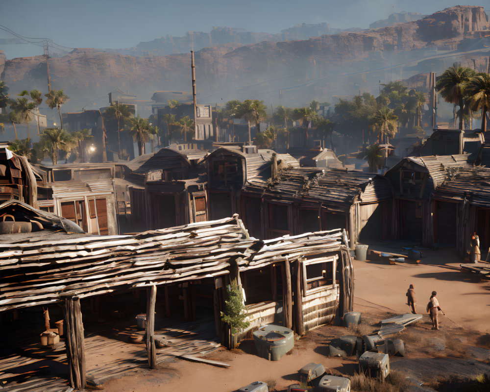 Old Western Town with Wooden Buildings and Pedestrians in Sunlit Setting