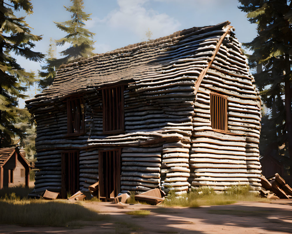 Rustic log cabin in forest with uneven roof and stacked logs