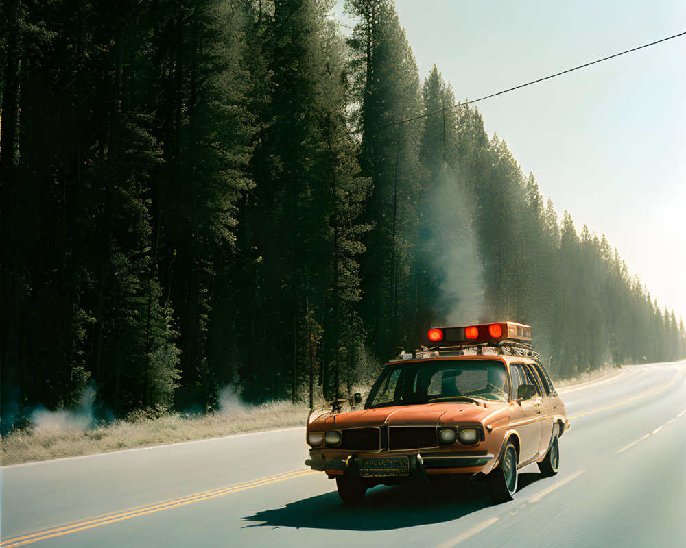 Vintage Police Car Speeding Through Misty Forest Road