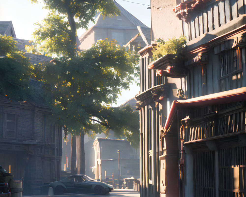 Historic urban street scene with trees, buildings, cars, and pedestrian