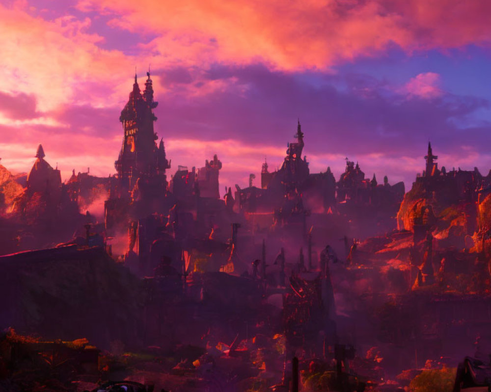 Twilight fantasy landscape with silhouetted spired structures against purple and orange sky