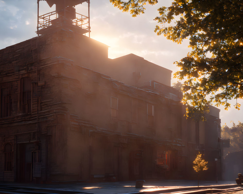 Sunrise illuminates old building with watchtower and lone tree on deserted street