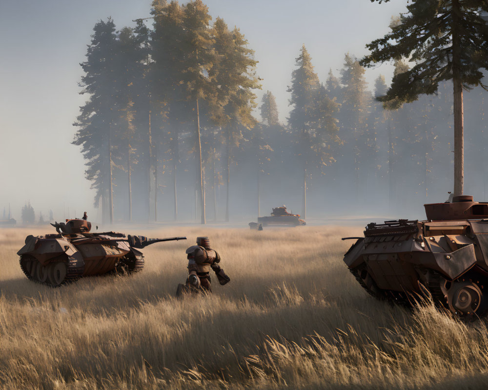 Military Scene with Soldiers and Armored Vehicles Advancing in Golden Field