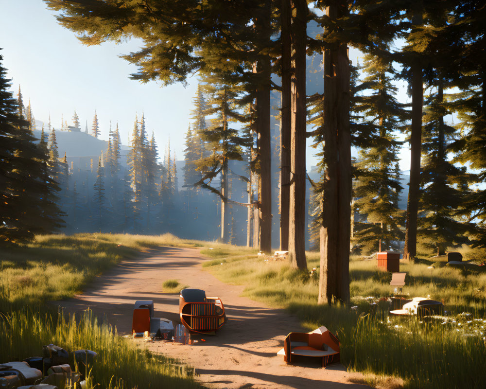 Tranquil Forest Scene with Dirt Path and Pine Trees