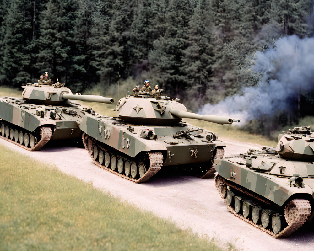 Camouflaged Military Tanks Advancing in Forested Area