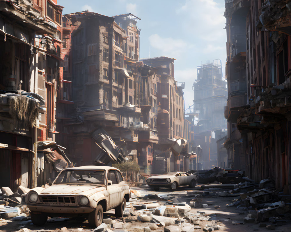 Desolate urban street after apocalypse with abandoned cars and debris