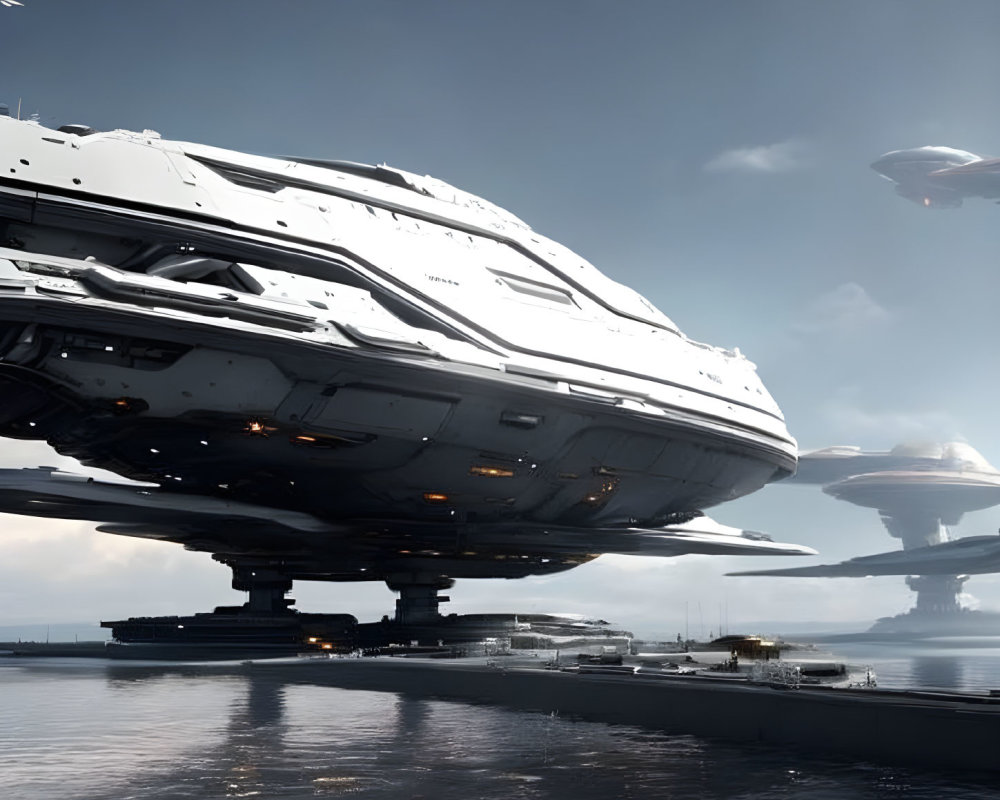 Futuristic spacecraft above reflective water near dock with ships under cloudy sky