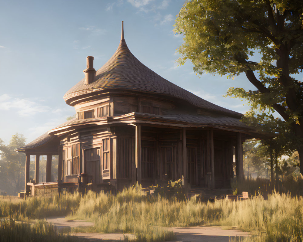 Victorian wooden house with conical roof in tall grass at sunrise or sunset